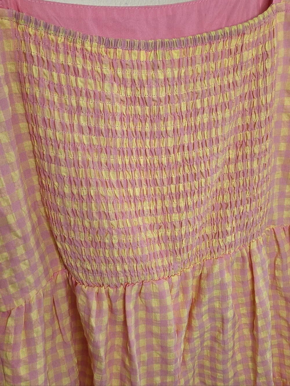 Umgee Pink Yellow Gingham Smocked Ruffle Sleeve Midi Dress Size Small - Picture 5 of 7